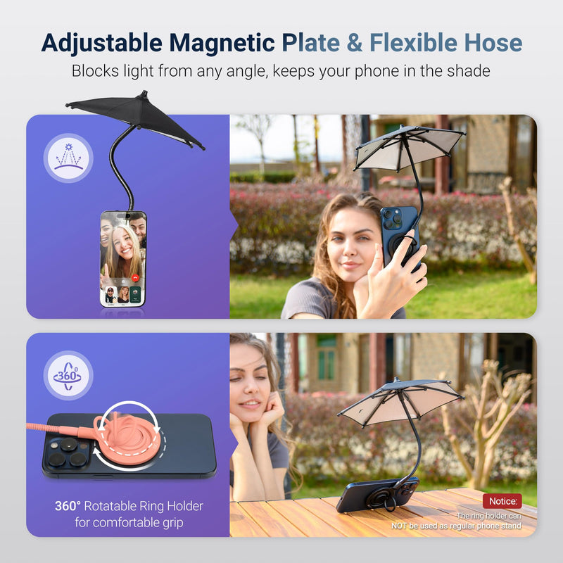 Magnetic Phone Umbrella for Sun,Outdoor Phone Sun Shade Shield with Flexible Angle Design & Rotatable Phone Ring,Umbrella for iPhone 15 14 13 12 Pro Max Plus,Mag-Safe Case & All Phones Anti-Glare BLACK