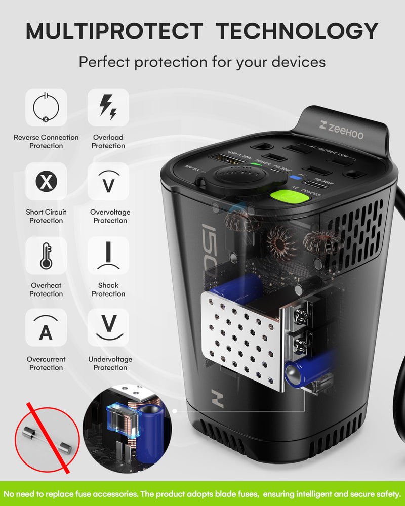 150W Car Power Inverter, 12V DC to 110V AC Car Plug Adapter Outlet Converter, with 2 AC Outlets, A 18W USB A and Dual 30W PD Car Charger, for Laptop Computer - Black