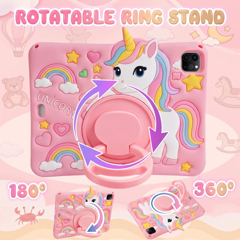 Cute 3D Cartoon Kids Case for iPad Air 11 Inch (M4/M3/M2), Air 5th/4th 10.9" & Pro 11" (1-4th Gen Only) Silicone Cover with Pencil Holder, 360 Stand, Strap, with Unicorn Pattern, Pink For iPad Air 11" M4/M3/M2/5/4 & Pro 11" 4/3/2/1