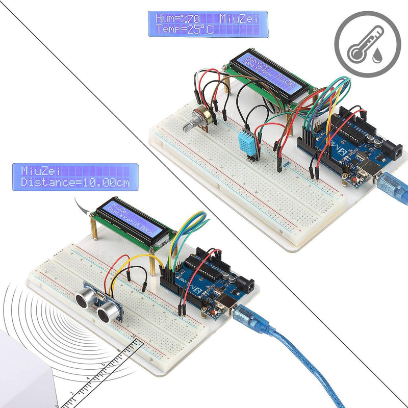 Miuzei Starter Kit Compatible with Arduino Projects, Circuit BreadBorad, LCD1602 Module, Breadboard, Jumper Wires, Servo, Sensors, LEDs, Detailed Tutorial MA05