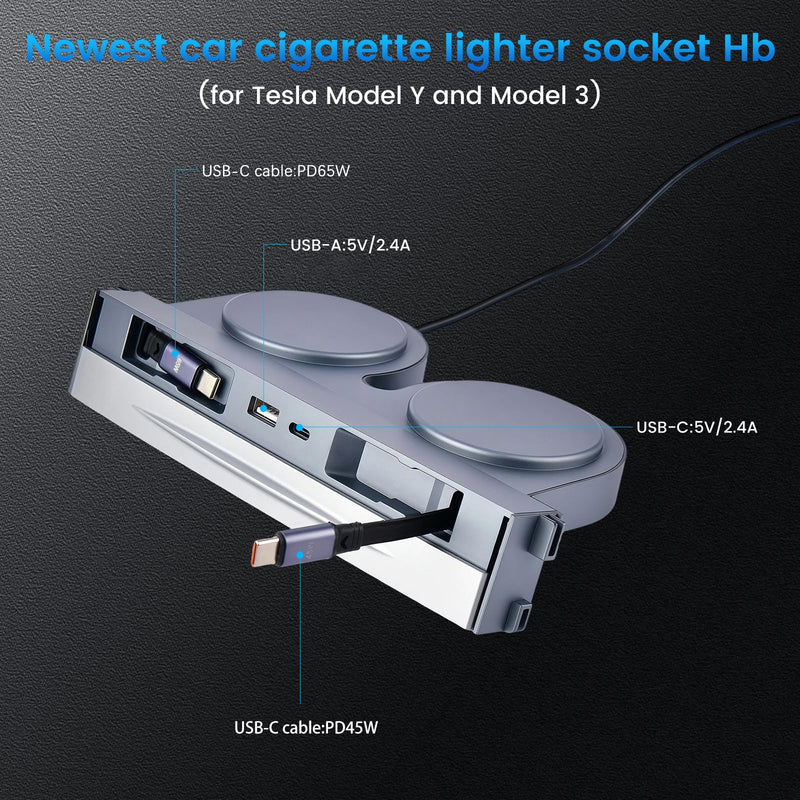 65W USB Hub Charger for Tesla Model Y Juniper & Model 3 Highland 2024-2026 | 4-in-1 Fast Hub with 2 Retractable USB-C Cables, Total 154W Phone Charger Center Console for Model Y Highland 2025-2026 for Model 3(2024-2026) and Model Y