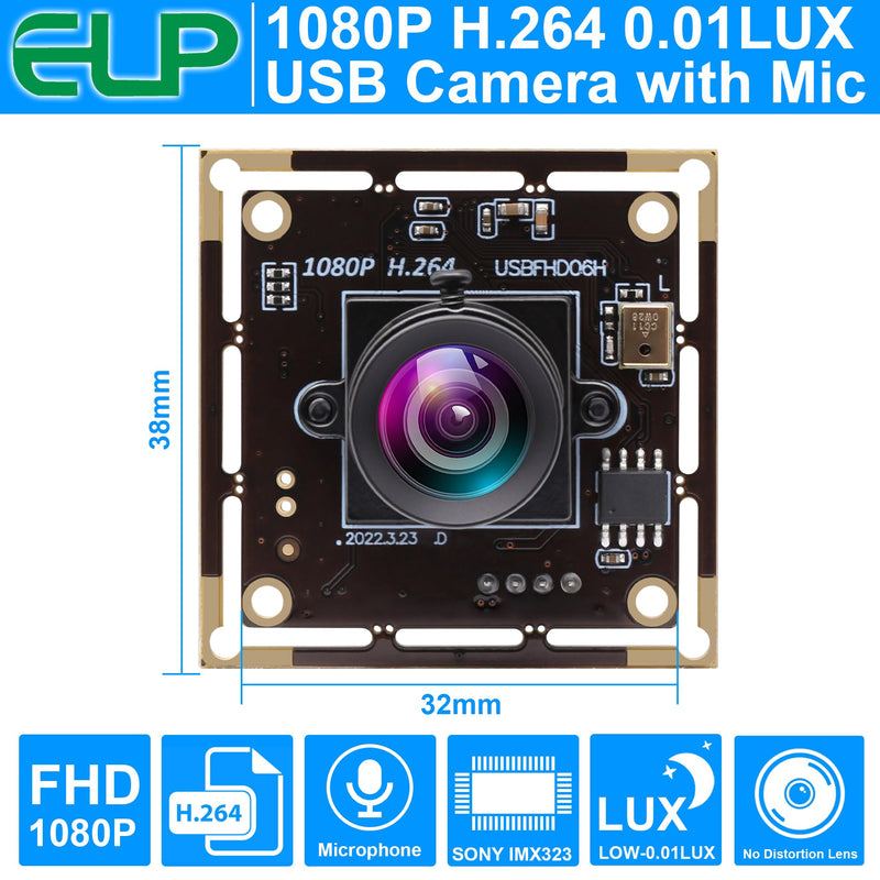 ELP Sony IMX323 Sensor Mini Low Light Wide Angle USB Camera Module with 100degree No Distortion Lens HD 1080P 0.01Lux USB2.0 Video Webcam Board UVC H.264 PC Camera for Computer, Laptop None distortion 100 degree