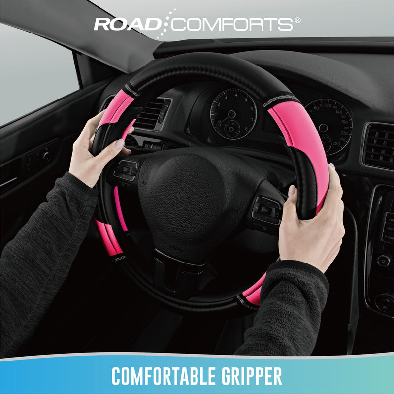 Road Comforts Leather Steering Wheel Cover - Made with PVC Leather - Anti-Slip, Universal Fit 14 1/2 inches to 15 inches - Hot Pink