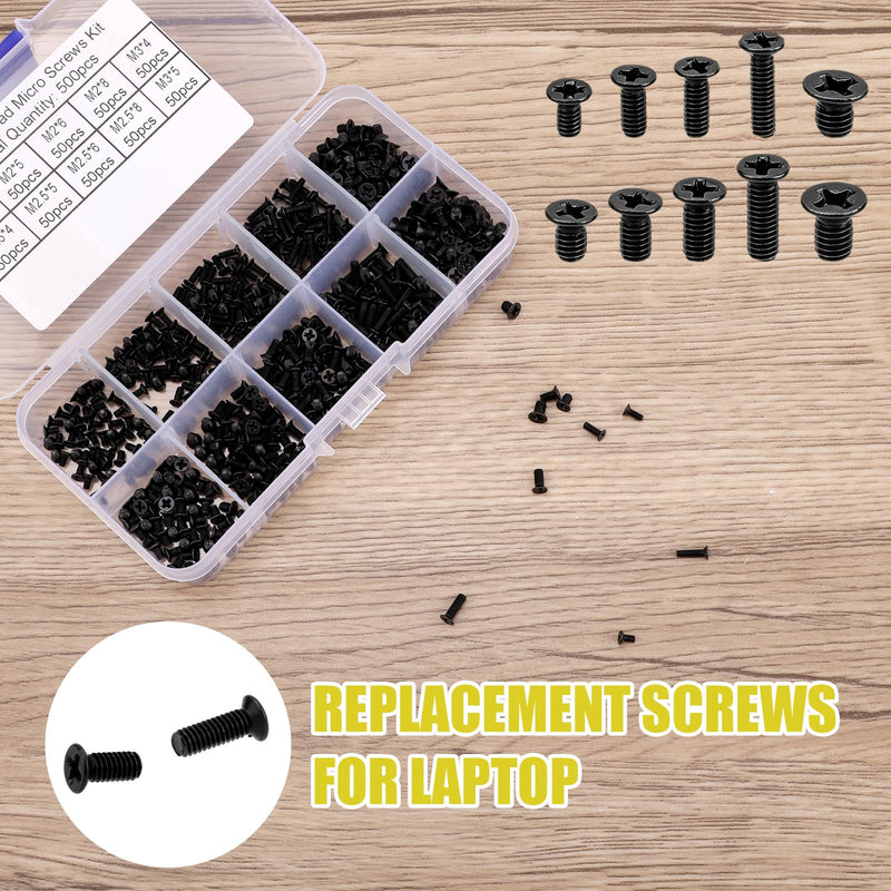 XIHIRCD 500pcs Laptop Repair Screws Kit, 10 Sizes M2 M2.5 M3 Carbon Steel Precision Flat Head Phillips Machine Screws Assortment for SSD Motherboard Notebook & Electronics Repair (Black)