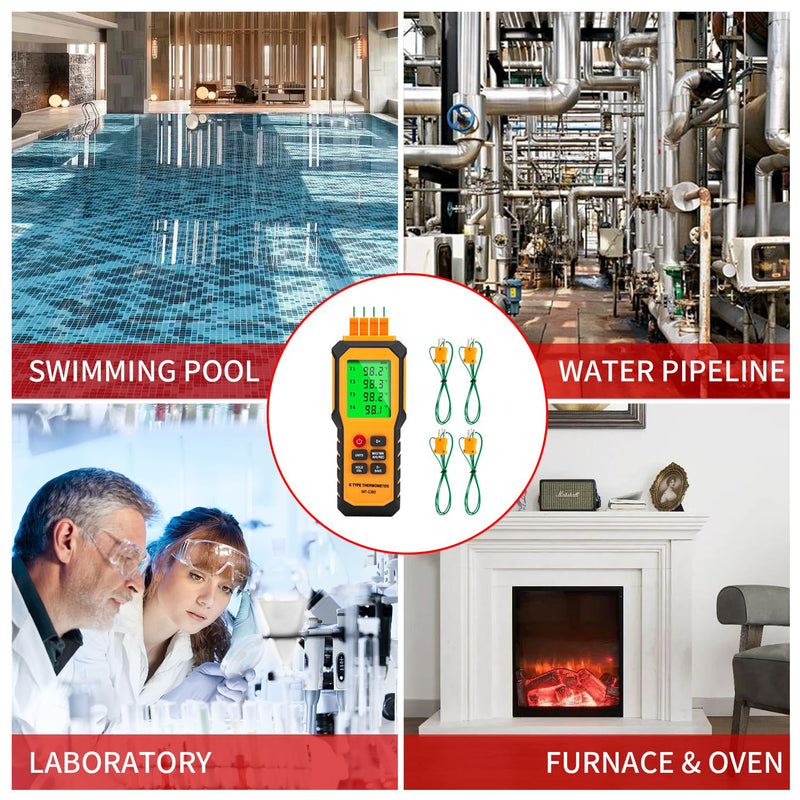 4-Channel K-Type Temperature Thermometer with LCD Backlight Measurement Range- 328℉-2501℉,YMZMeter Data Logger Comes 4 PCS Thermocouple Probe Sensor -104℉-752 ℉ 9V Battery Included. Yellow