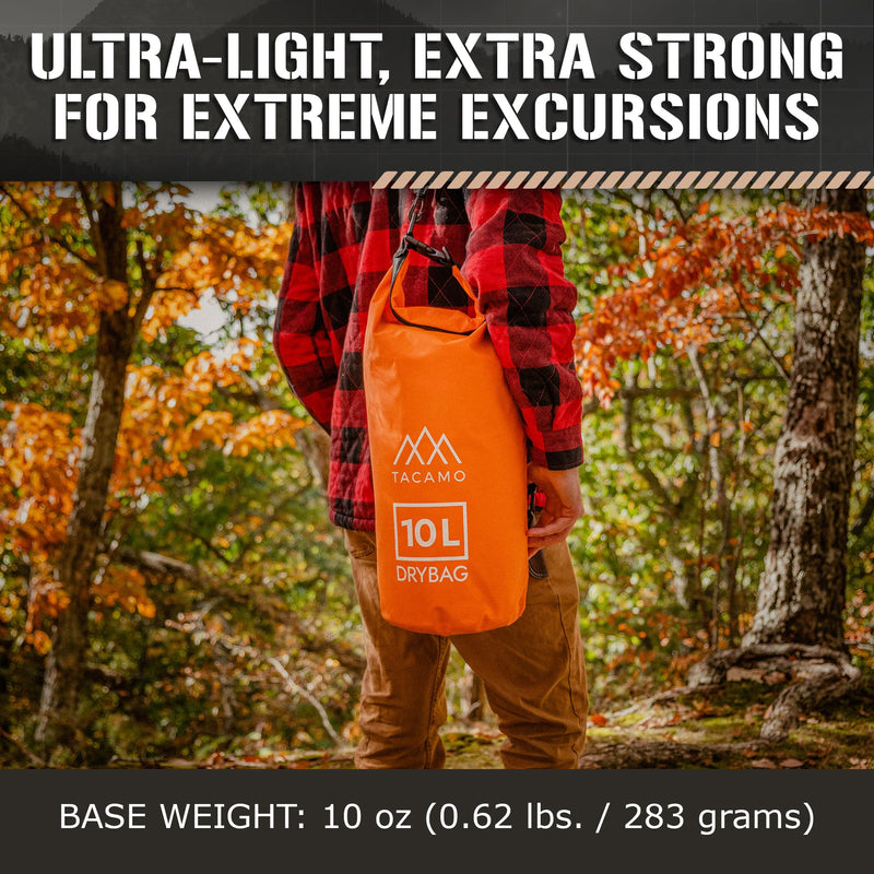 TACAMO® 10L Dry Bag Waterproof Backpack for Camping Gear, Waterproof Bag for Canoeing or Backpacking - Roll Top, Small, Watertight, Floating Dry Sack for Kayak Accessories, Travel Bag for Hiking Safety-Orange 10 Liter