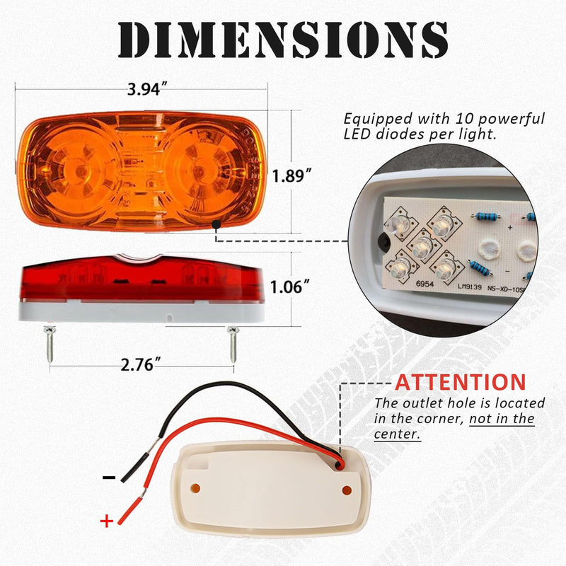 NEW SUN 4 Pcs Amber & Red 10 LED Trailer Side Marker Light, Bullseye/Tiger Eye/Double Bubble Clearance Light, 12V 4x2 Rectangular LED Light Surface Mount for Camper, Trucks, Rvs 2*Amber+2*Red