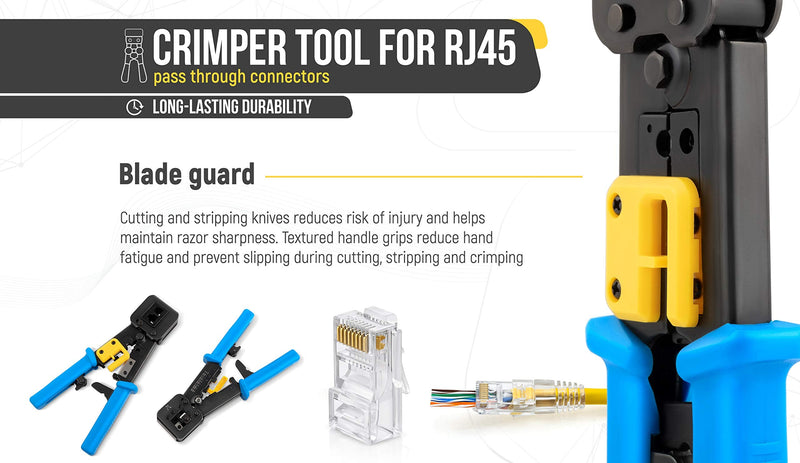 Everest Media Solutions RJ45 Crimp Tool Kit, with 50 Cat6 Pass Through Connectors and 50 Strain Relief Boots + Extra Blades - EZ Cut, Strip, Crimp Ethernet Cables - Professional Network Crimping Tool w/ Cat6 Plugs & Boots