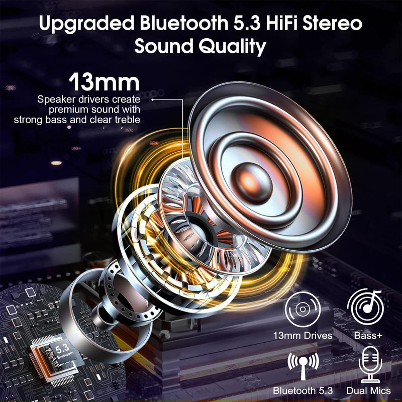Bluetooth Headset V5.3, Wireless Headset with ENC Noise Canceling Mic | 120Hrs Talk Single-Ear Bluetooth Earpiece, LED Display, IP7 Waterproof Hand-Free Earphone for Business/Trucker, Purple