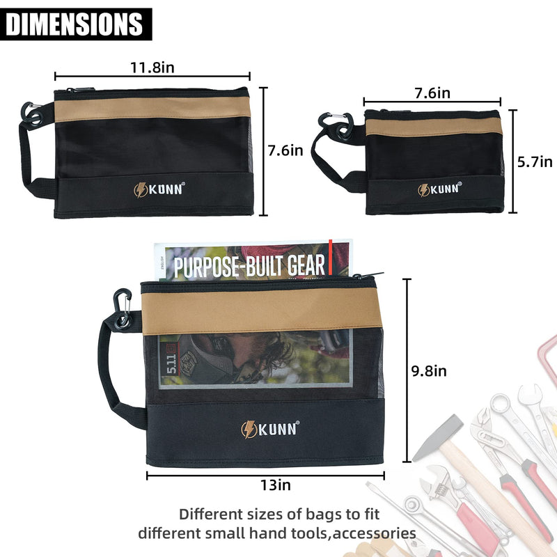 KUNN Tool Bag Zipper Pouch 3 Pack - Heavy Duty Utility Tool Storage Organizer with Carabiner for DIY,Electrician,Accessories and Travel Khaki