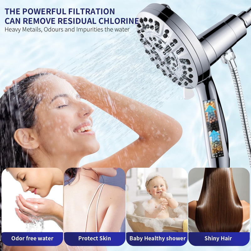 Magnetic Handheld Shower Head with Filter, High Pressure 10-Spray-Mode Detachable Shower Head with 60-Inch Hose, Powerful Hand Held Shower Head for Low Water Pressure(head,silver) Silver