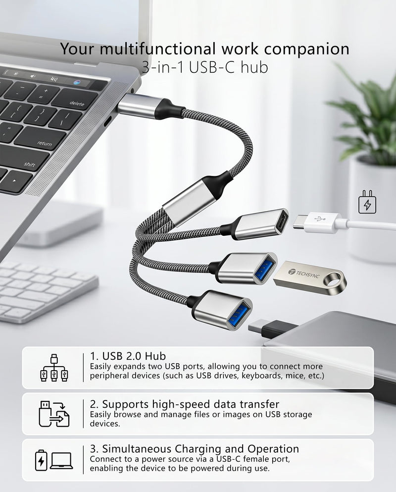 Type C Hub Adapter with Dual USB A and USB C Ports, 3 in 1