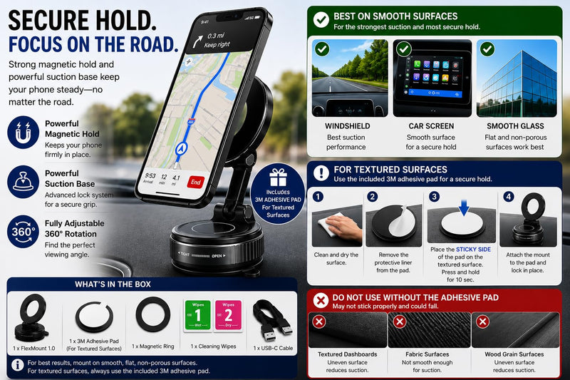 Car Phone Holder Mount, Manual Vacuum Magnetic Suction Cup for Dashboard & Windshield, 360° Adjustable Phone Holder for Car, MagSafe Compatible, USB-C Cable Included, iPhone & Android