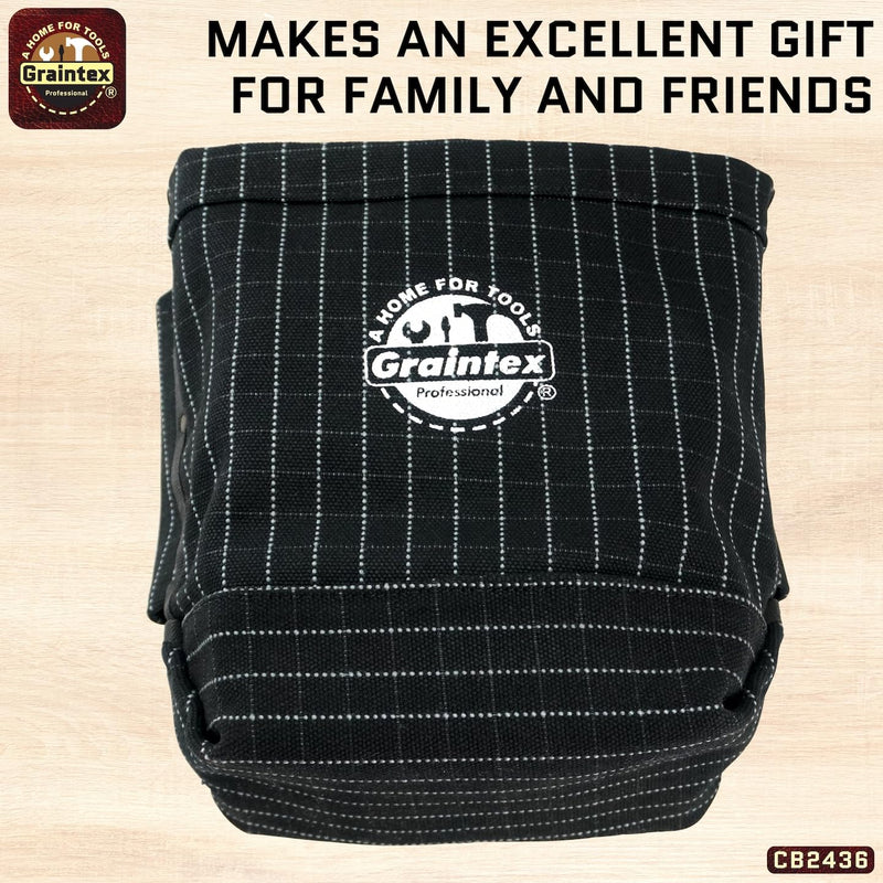 Graintex Nut & Bolt Bag, Heavy Duty Canvas Tool Bag, Tool Belt, Bull Pein Loops, Tradesman, Ironworker, Ideal Bolt Bags for Construction Professionals, Multipurpose Use, DIYers Black