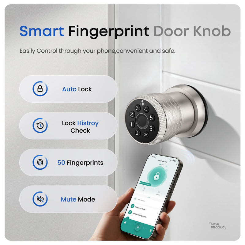 Fingerprint Door Knob, Smart Biometric Door Lock Keyless Entry with Auto-Lock for Front Door, Bedroom, Interior or Exterior Use in Satin Nickel 1