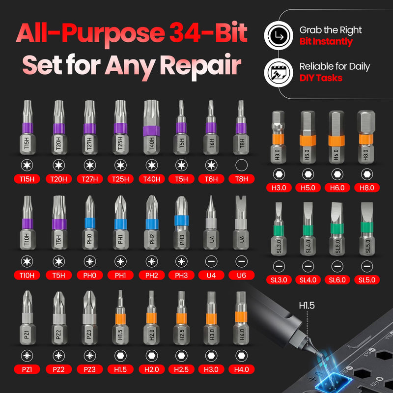 34 in 1 Magnetic Screwdriver Set, Magnetic Ratchet Screwdriver Set with Multi-Bit Ratcheting Handle & Bit Magnetizer, Compact Repair Tool Kit with Storage Case for Furniture, Computer, Bicycle and DIY