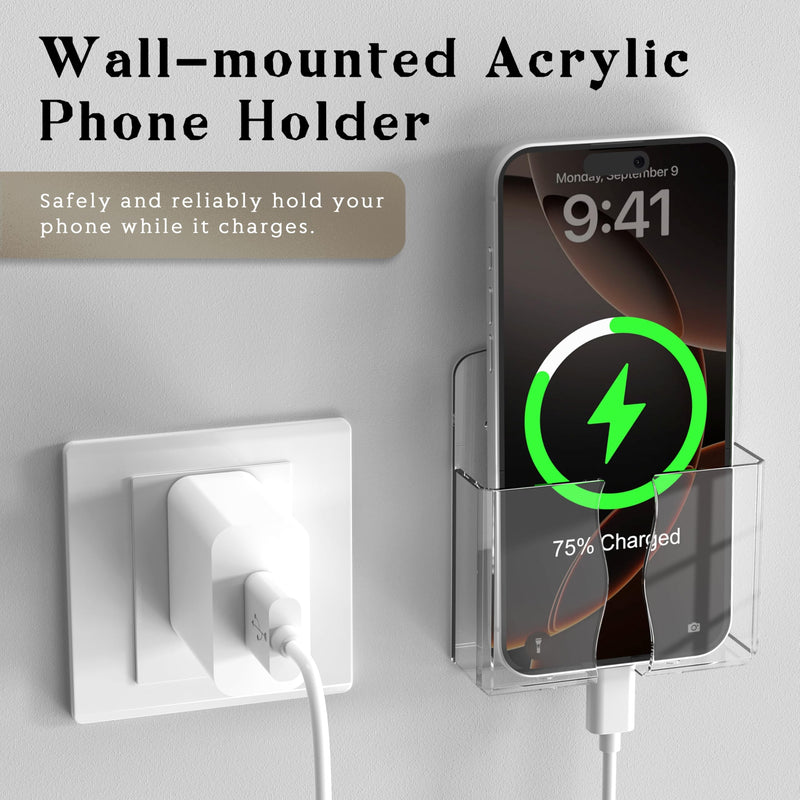 Clear Wall Mount Phone Holder with Charging Hole, Self-Adhesive Cell Phone Stand & Remote Control Organizer, Space-Saving Bedside Cradle Compatible with iPhone & Android, Clear