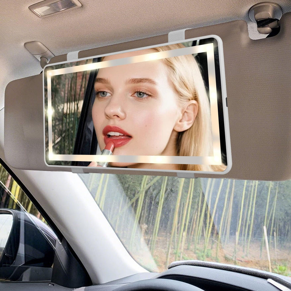 Car Visor Mirror with Rechargeable LED Light- 3 Light Modes & Dimmable Touch Screen- Big Sun Visor Vanity Mirror for Truck- Passenger Side Girly Car Accessories for Women Girl Interior- White