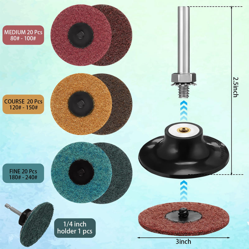 Landical 60 Pcs 3 Inch Lock Sanding Discs Surface Conditioning Disc with 1/4" Holder for Die Grinder Surface Polish Burr Rust Paint Removal(Multicolor,Medium, Course,fine Grit)