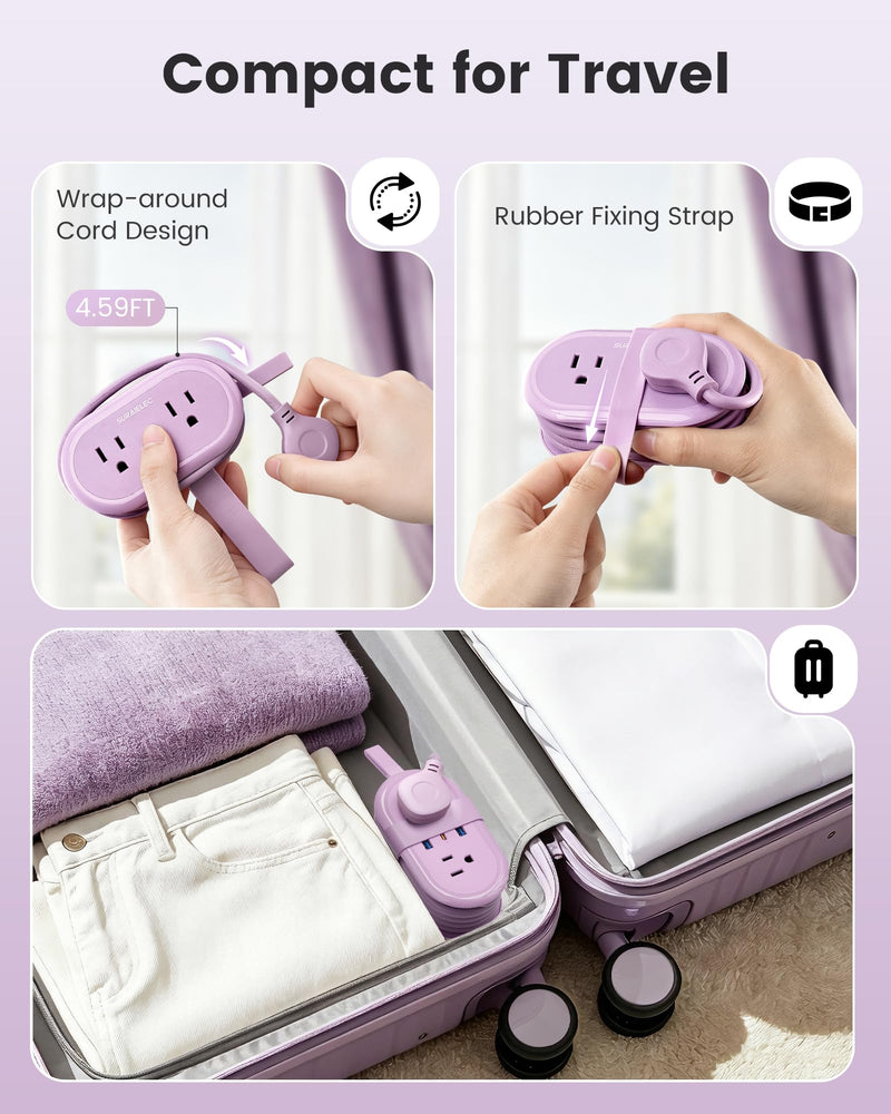 PD 20W Travel Power Strip 4 AC Outlets, 2 USB-A & 1 USB-C Ports | 4.6FT Wrapped Travel Extension Cord with Flat Plug, Cruise Approved Power Strip for Travel Hotel, No Surge Protection, Purple