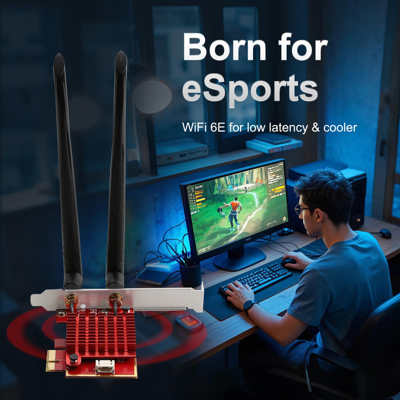 WiFi 6E PCIe Card | Intel AX210 Chip | 5400Mbps Tri-Band 2.4GHz/5GHz/6GHz | Bluetooth 5.3 | Low Latency Wireless Adapter for Gaming & Streaming | Windows 10/11 Compatible