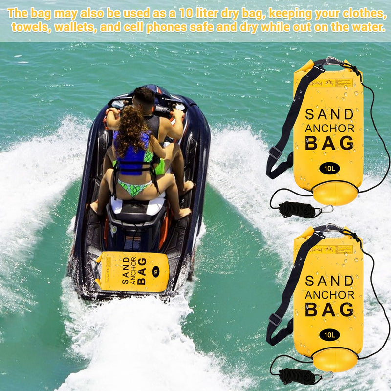 2 Pack Sand Anchor Bag, 10L Waterproof Sand Bag Anchor kit for PWC, Jetski, Kayak, Paddle Board, Small Boats, Beach - Includes 2Pcs Anchor Bag, 2Pcs 30ft Anchor Rope, 2Pcs Adjustable Buoy