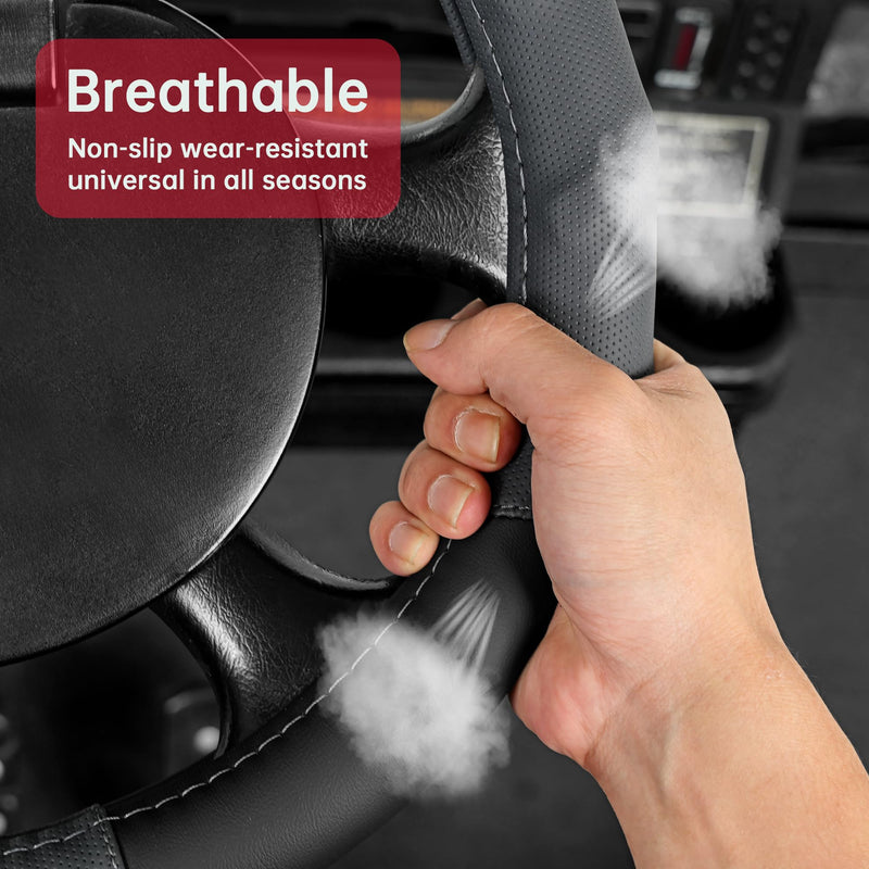 10L0L Golf Cart Steering Wheel Cover-13 Soft and Breathable Anti Slip Leather Steering Wheel Cover,Feels Good in Handling- for EZGO TXT & RXV Black+ Gray