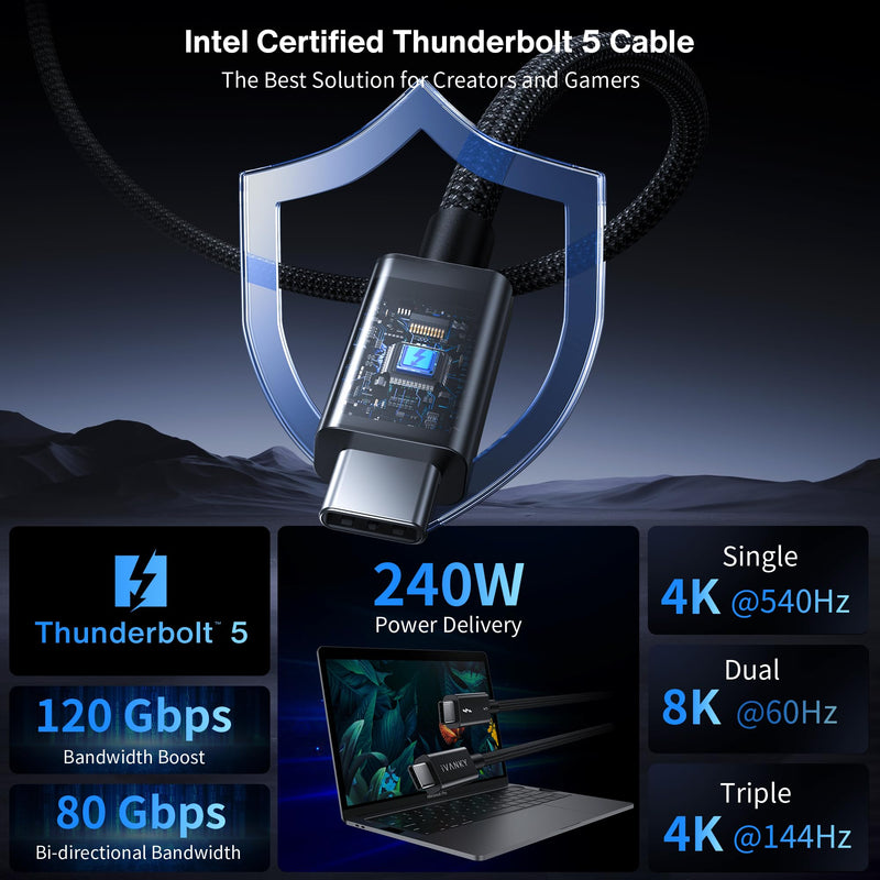 IVANKY | Intel Certified | Thunderbolt 5 Cable 3.3ft, up to 120Gbps and 240W, Premium Braided Thunderbolt Cable 80Gbps, Compatible with Thunderbolt 4/3, USB4, MacBook M5 Pro, iPhone 17/16/15-3.3FT 3.3 FT TB5-1 Pack Black