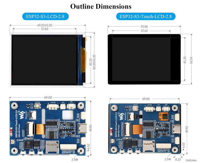 ESP32-S3 2.8inch Display Development Board, 240×320, IPS Screen, 32-bit LX7 Dual-Core Processor, Up to 240MHz Frequency, Supports WiFi & Bluetooth, with Onboard Antenna, ESP32 with Display (No Touch)