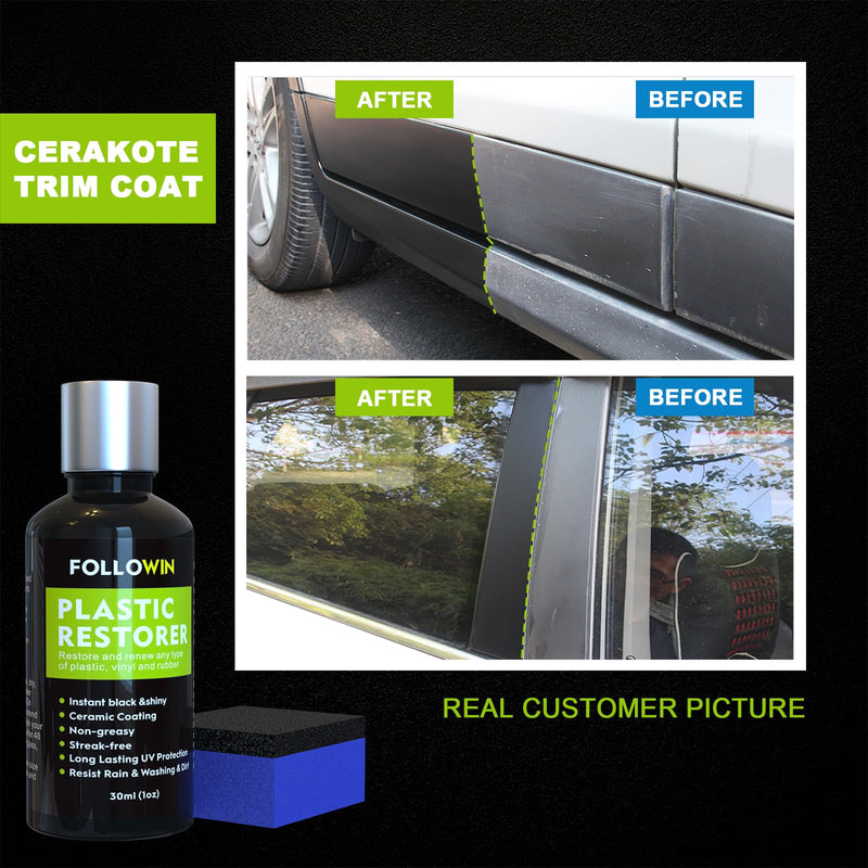 FOLLOWIN Plastic Restorer for Cars - Black Trim Restorer & Ceramic Coating, Resists Water, UV Rays, Dirt, Not a Dressing, Hydrophobic Protection, Highly Concentrated Formula,30ml 30ml