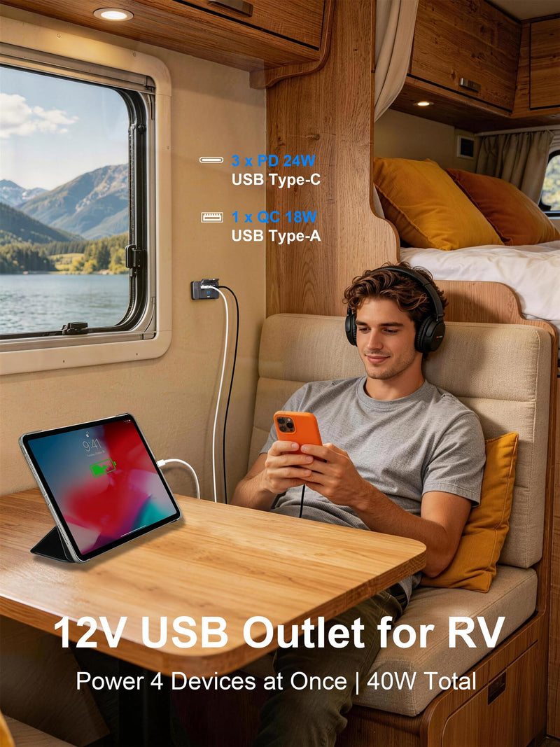 12V RV USB Outlet Wall Mount Panel: 40W 4 Ports USB Socket Car Charger | 3* 20W PD3.0 Type-C & 1* 18W QC3.0 Quick Charging with LED Light Power Switch for RV Truck Boat Golf Cart Marine Bus