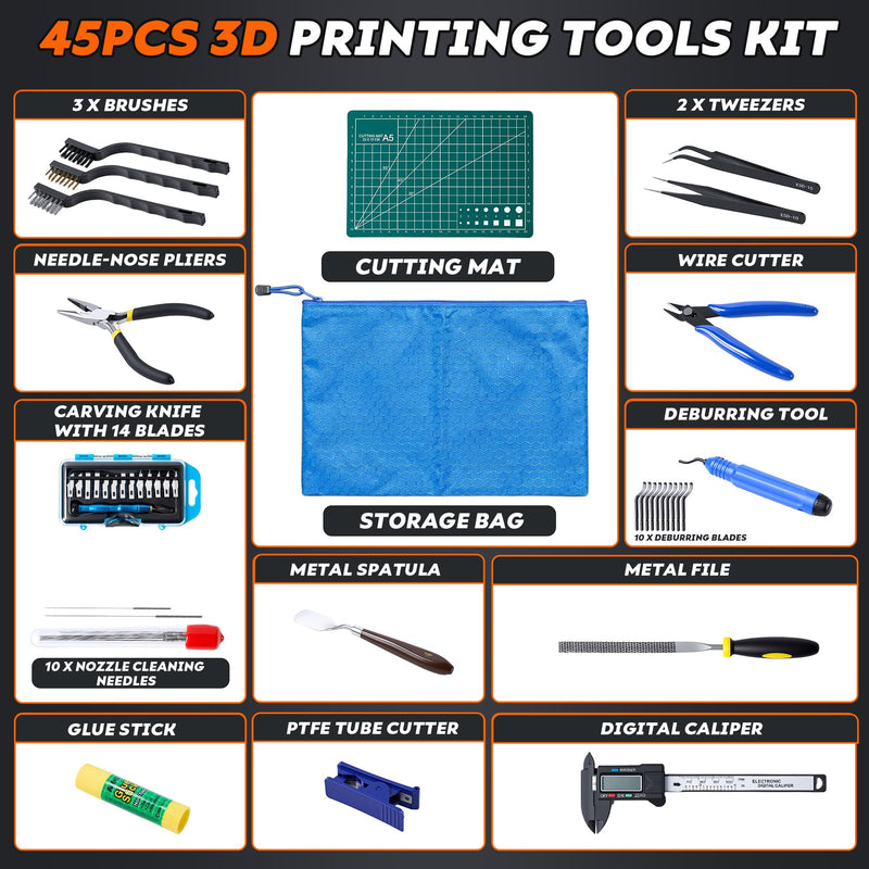 YEETIN 45 Pieces 3D Printer Tools Kit, 3D Printing Accessory Includes Deburring Tool, Digital Caliper, Art Knife Set, Tube Cutter, Storage Bag Suitable for 3D Print Removing, Cleaning, Finishing advanced