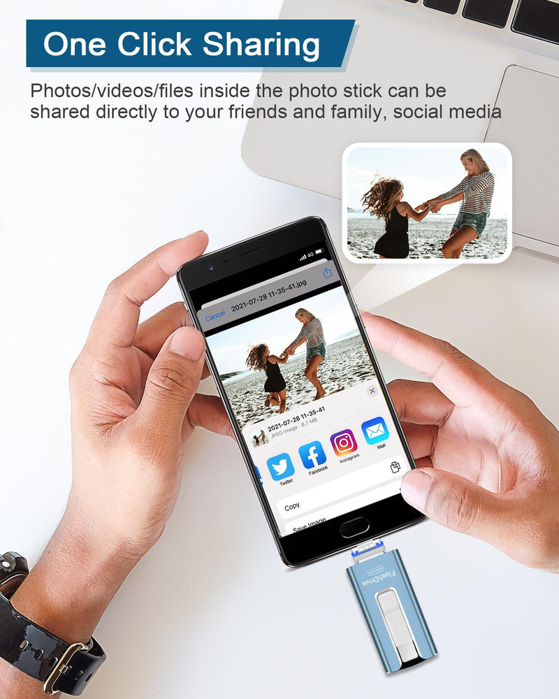 USB Flash Drive 512GB, Photo Stick Memory External Data Storage Thumb Drive Compatible for Phone, Pad, Android, PC and More Devices (Blue) Blue