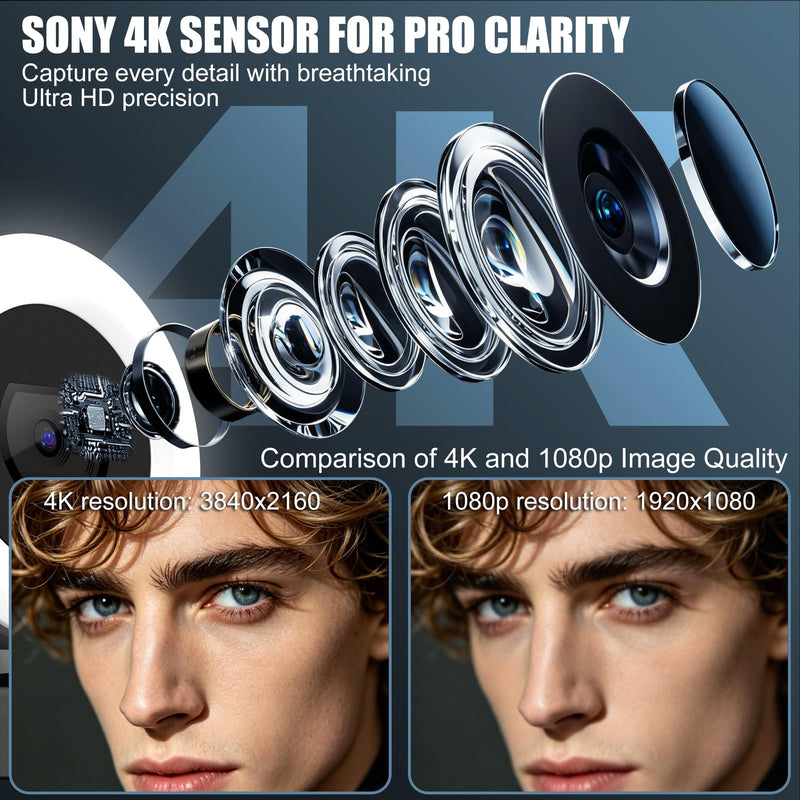 4K Webcam with Ring Light, PDAF Autofocus Web Camera for Desktop Computer | SIWOTECH Streaming Camera, 4K Webcam for PC, Built-in Privacy Cover, Dual Omnidirectional Mics, USB Plug-and-Play for Zoom