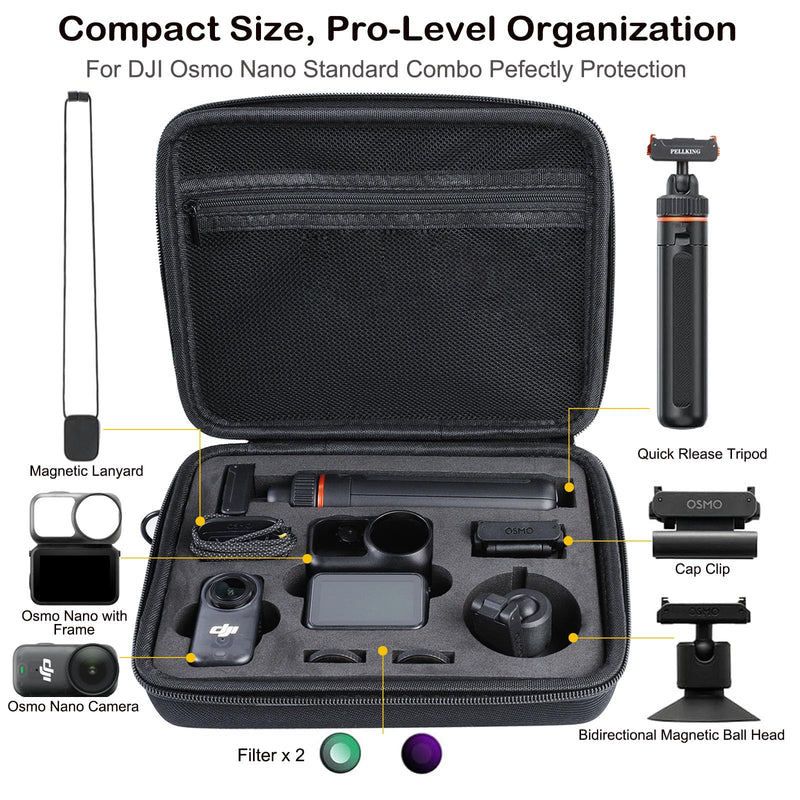PellKing Selfie Stick & Carrying Case 2 in 1 Kit for DJI Osmo Nano, 16.14in Selfie Stick Tripod with Magnetic Quick Release Mount, Portable Hard Case, Vlog & Travel Essential for DJI Osmo Nano