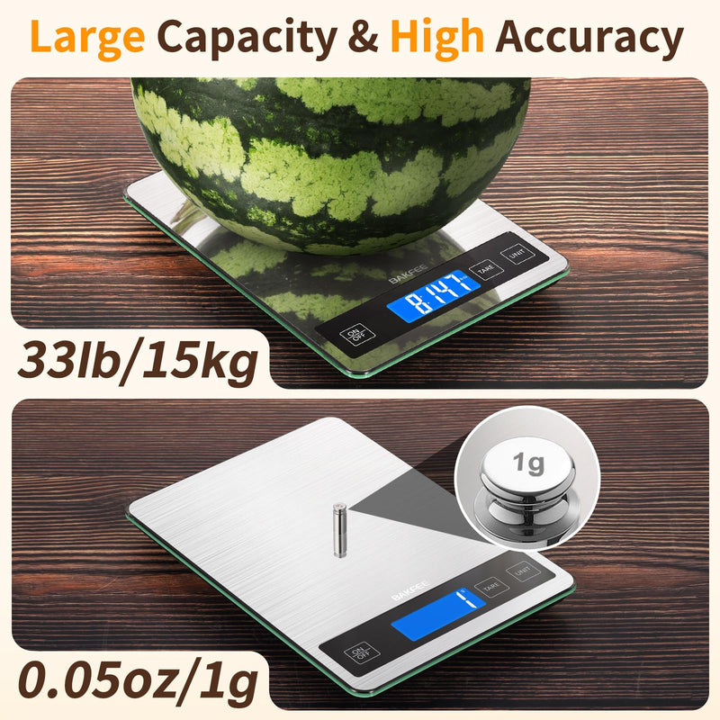 Food Scale, 33lb Digital Kitchen Scale with Stainless Steel & Tempered Glass, 1g / 0.05oz Precise Graduation, Waterproof and Sturdy Surface, for Cooking, Baking, Weight Loss, Meal Prep Non-Rechargeable