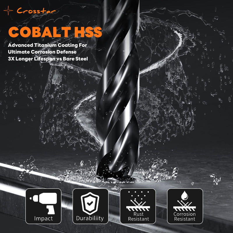 Crosstar M35 Cobalt Drill Bit Set for Hardened Metal & Stainless Steel - Titanium Aluminum Nitride Coated (TiAlN), Three-Flute Design, 5pcs 3/8“ Metal Drill Bits 5pcs(3/8in)