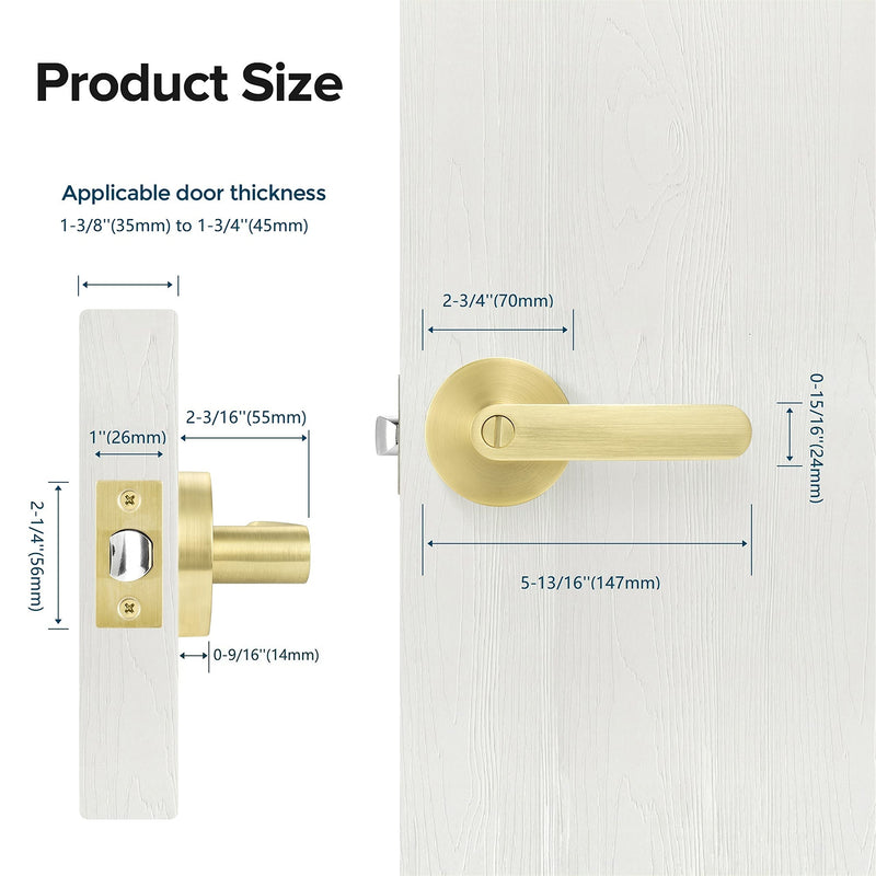 Leydebong 1 Pack Privacy Door Lock Door Handle Lever Keyless Door Knob Hardware Lockset for Bathrooms Indoor Door Levers Reversible Without Key for Interior Use, Light Satin Brass Finish Keyless-Privacy Lever