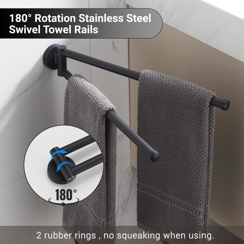 Swivel Towel Rack,Wall Mounted Towel Bar for Bathroom Swivel Towel Holder,Space Saving Towel Bar with Hook,Rustproof Black Towel Rack 180° Rotation Towel Holder for Bathroom Matte Black 1