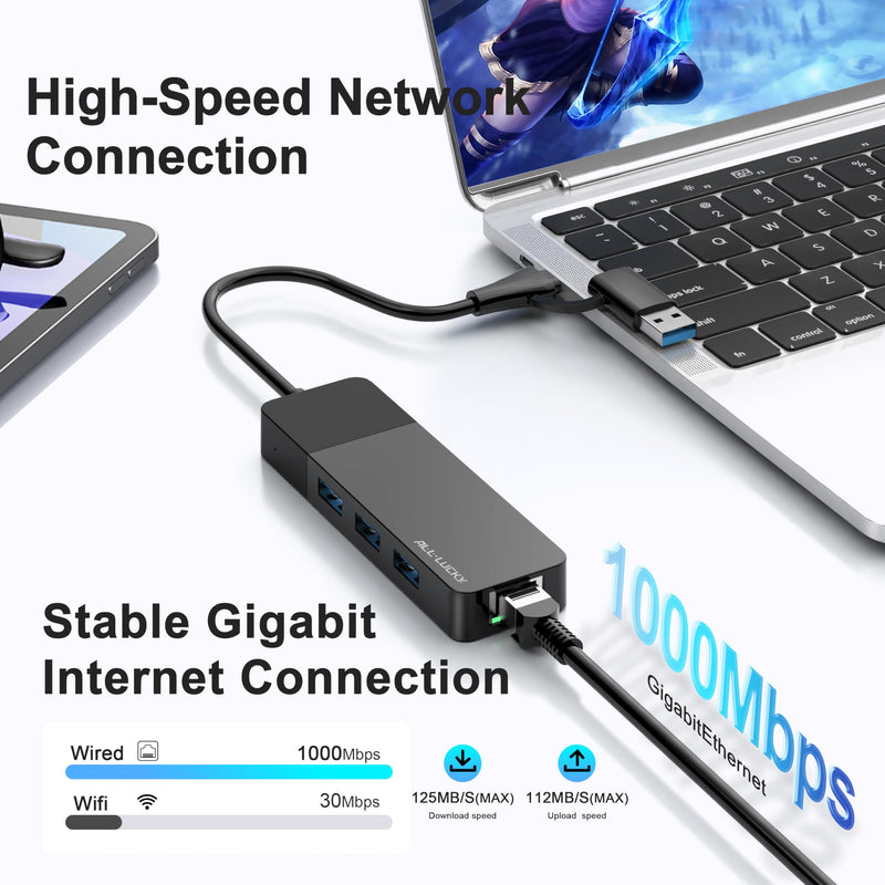 ALL-LUCKY USB to Ethernet Adapter, 4 in 1 USB C to Ethernet Adapter Hub with 3 x USB 3.0 Port/Gigabit Internet Port, High-Speed Network Hub Compatible for iMac,MacBook Pro，iPad Pro，XPS