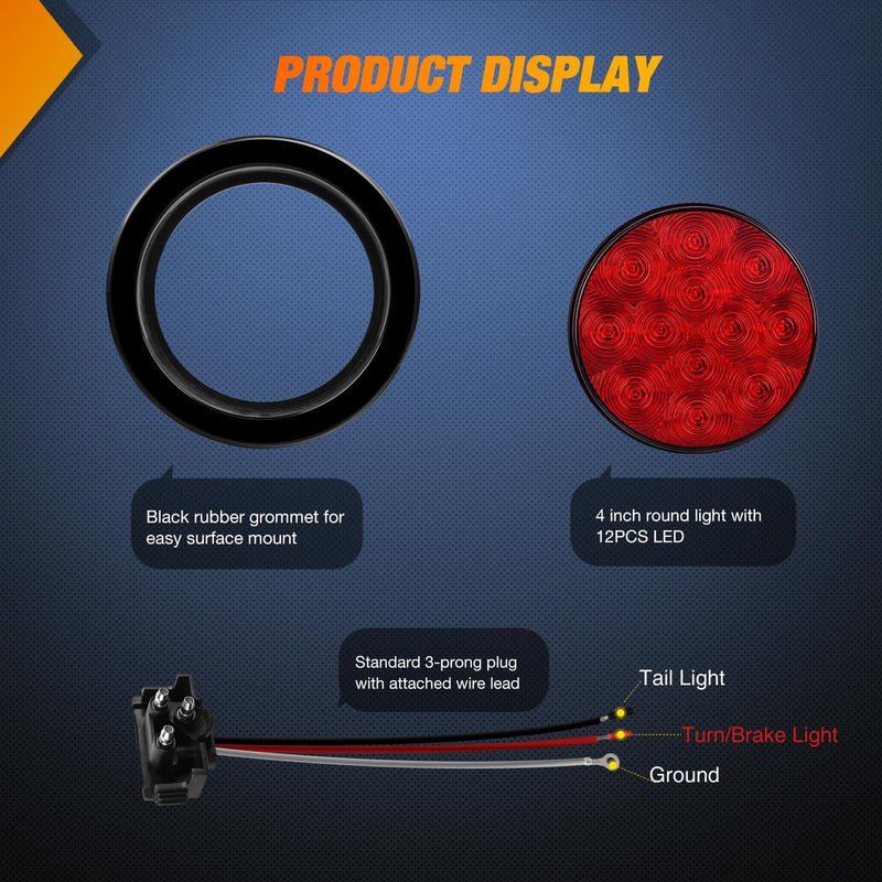 Nilight - TL-18 2PCS 4" Round Red LED Trailer Tail Lights w/Surface Mount Grommet Plugs IP67 Stop Brake Turn Tail Lights for Truck Trailer RV Jeep Red 2pcs