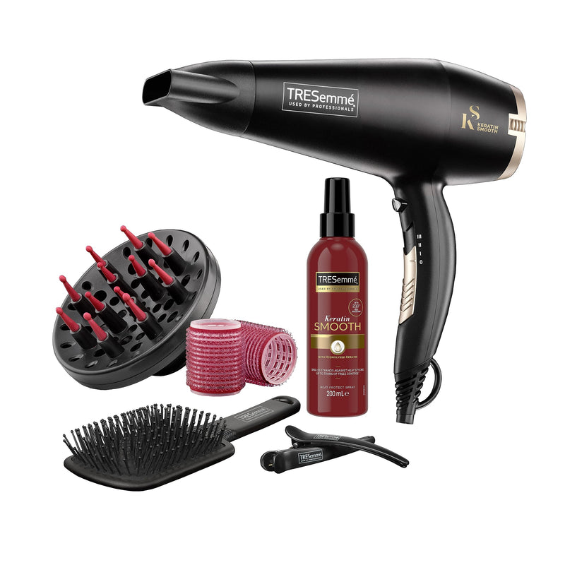  [AUSTRALIA] - TRESemméTRESemme Keratin Smooth 2200W Volume Shine Hair Dryer Gift Set, Diffuser Dryer, Paddle Brush, Hair Rollers, Ionic Conditioning & Defined Curls Curling Tong, Black, 16 millimetersTRESemmé single With Curling Tong