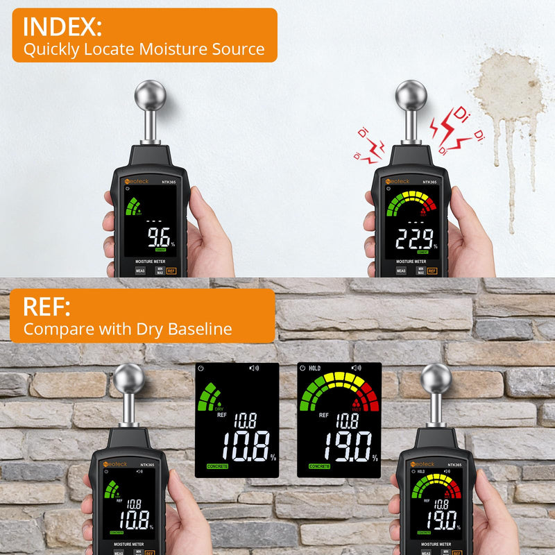 Neoteck Moisture Meter with REF Comparison, ±2.5% Accuracy Pinless Non-Destructive Moisture Detector with 5-40mm Measuring Depth,3-Color Warning Display,5 Modes for Wood Concrete Cement Plaster