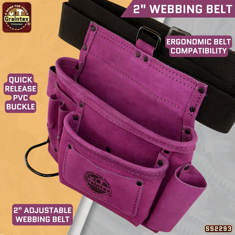 Graintex 5 Pocket Suede Leather Tool Belt/Bag | Purple | Multipurpose Leather Tool Belt for Women and Men | Construction, Electrician, Handymen, Carpenter, Gardening Pouch and DIY Projects