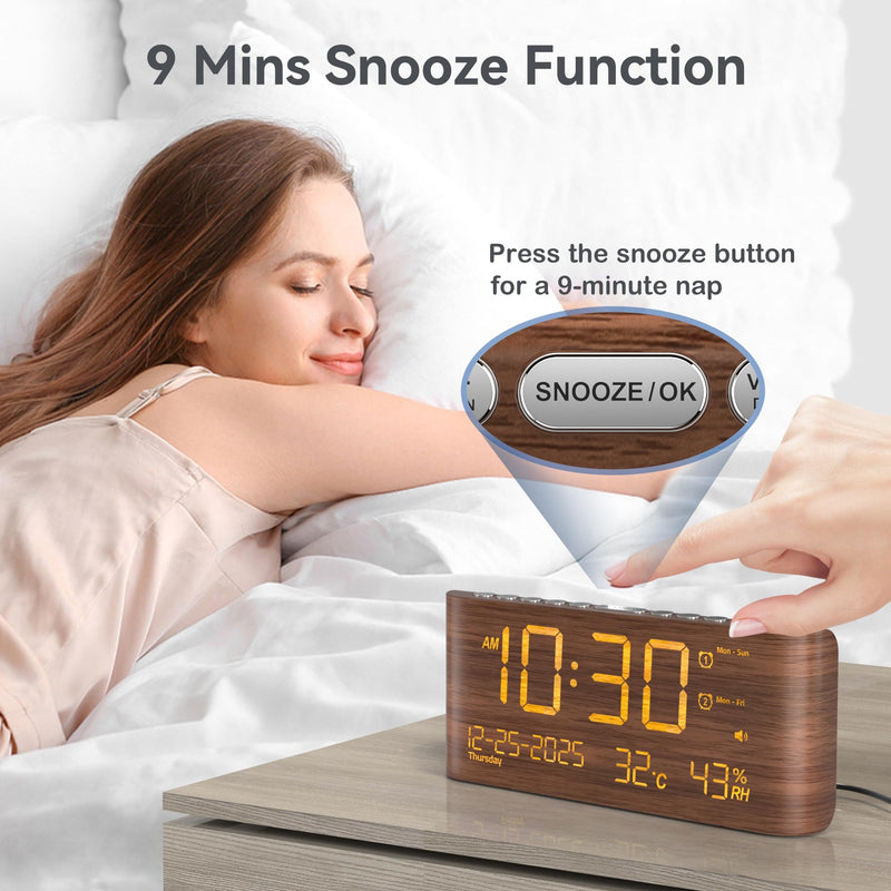Mesqool Digital Alarm Clock with Dual Alarms, Temperature & Humidity Display, USB & Type-C Charging, 5-Level Brightness for Bedroom & Office
