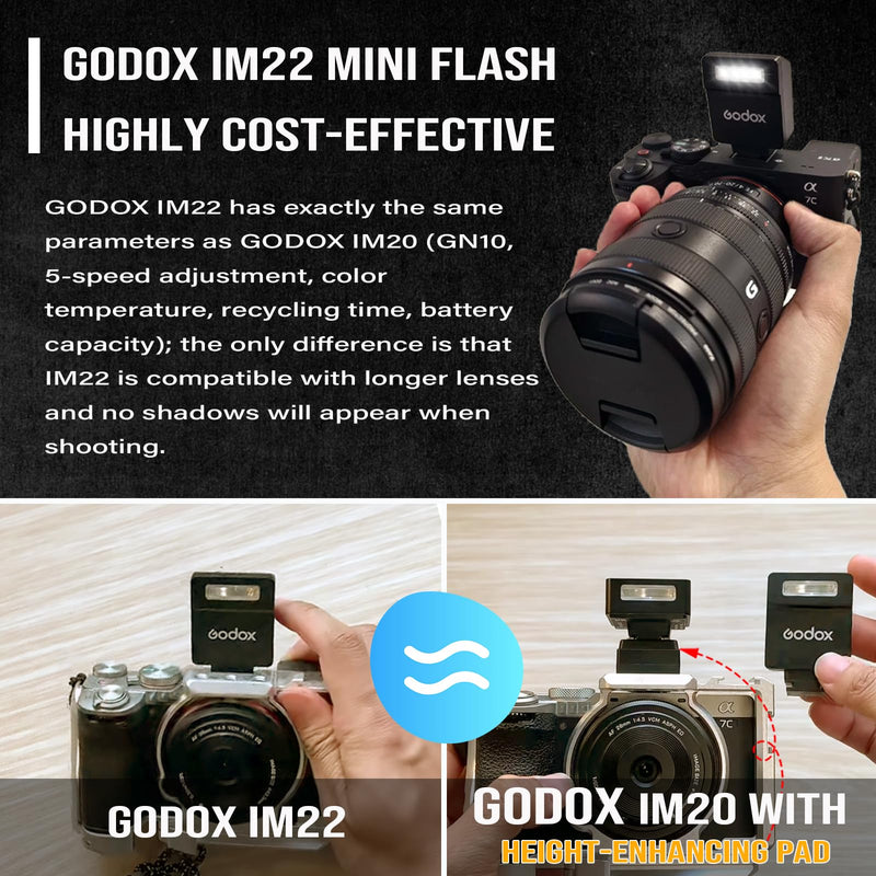Camera Flash Godox iM22 Godox Flash - GN10/470 mAh/Type-c Charge/440 Full-Power Flashes/3s Recycle Times/5 Power Levels/Manual, Camera Flash for Sony zv1/Sony zve10/Ricoh gr3/Fujifilm f1 etc. Black