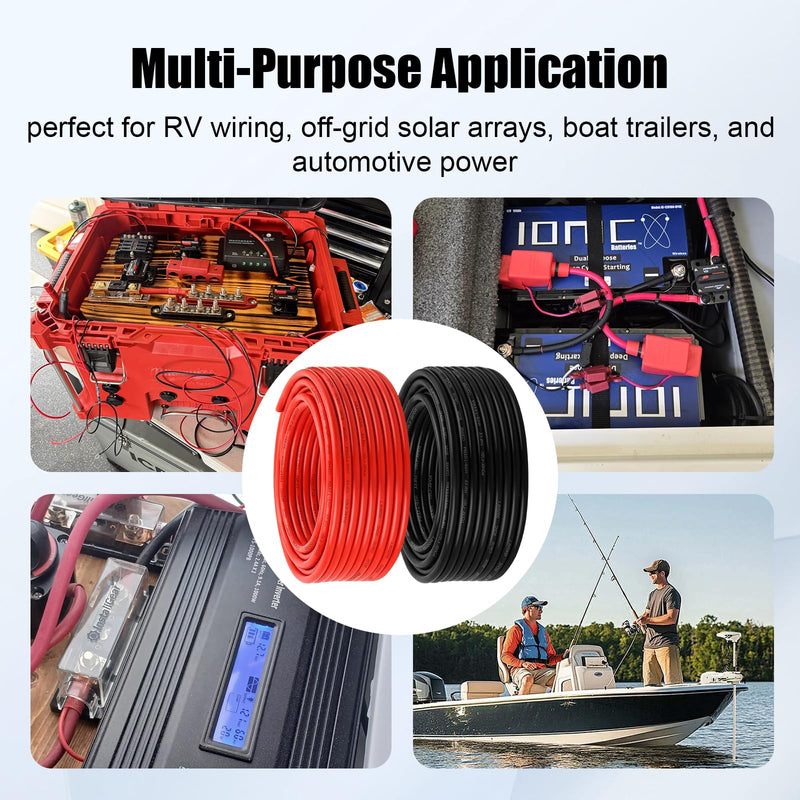 Marine Wire 10 AWG, 10FT Red & 10FT Black Tinned Copper Boat Cable, Ultra-Flexible 10 Gauge Marine Grade Electrical Wire for Bilge Pump, LED Lights, and RV