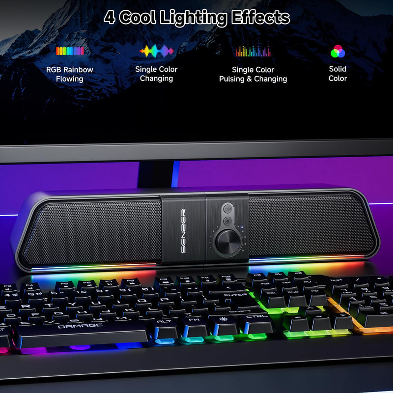 SENZER CS20 2 in 1 Bluetooth Computer Speakers for Desktop, USB Plug & Play Clear Sound PC Speakers with RGB Light, Monitor Sound Bar with Volume Knob, Gaming Speaker for PC Laptop Phone Tablet Black