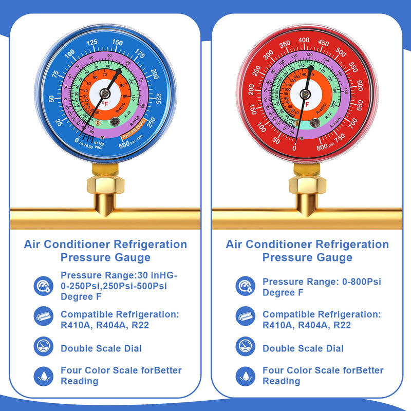 Relaxweex Refrigeration Pressure Gauge Kit R-134a, R-404a, R-2092, R-410a R-134a 0-800psi 1/8" Npt Lower Mount 30inhg-0-250psi, 250-500psi & 0-800psi Degree F Blue Dial & Red Dial (70mm(2-3/4" Dial)) 70mm(2-3/4" Dial)