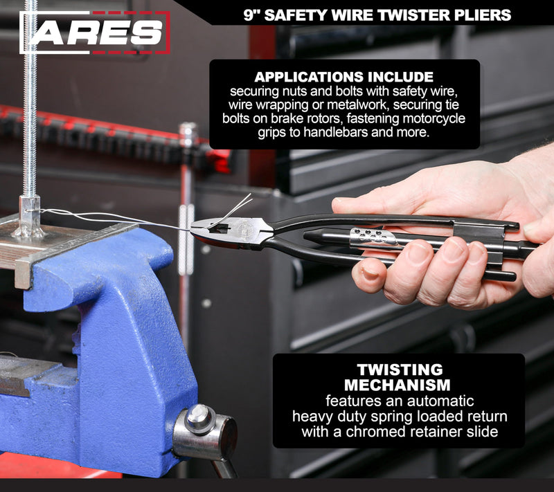 ARES 10010-9-Inch Safety Wire Twister Pliers – Durable Untwist Tool Grips, Twists, and Cuts Stainless Steel Safety Wire on Vehicles, Machinery, and Aircraft 9-Inch Safety Wire Twisting Pliers